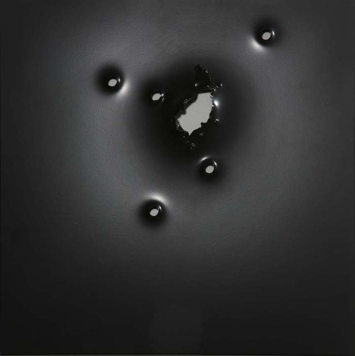 Saint Sebastian 4, 2010, gunshot powder-coated stainless steel, 18x18in